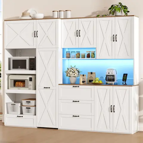 [Shipping by 3 Packages] FUSOU 86.6"W Kitchen Pantry Cabinet, Tall Modular Kitchen Hutch with Charging Station & LED Lights, Coffee Bar Cabinet with Pull-Out Trays, Rolling Storage Cart, Drawers & Adjustable Shelves, White