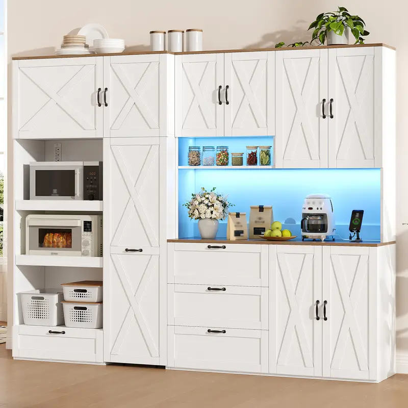 [Shipping by 3 Packages] FUSOU 86.6"W Kitchen Pantry Cabinet, Tall Modular Kitchen Hutch with Charging Station & LED Lights, Coffee Bar Cabinet with Pull-Out Trays, Rolling Storage Cart, Drawers & Adjustable Shelves, White