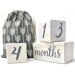 Natural Baby Milestone Age Blocks - White Stain Pine Wood Milestones Block Set with Bag - Weeks, Months, Years, Grade, Baby Gift
