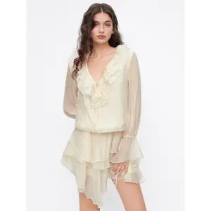 Cider Chiffon V-neck Lantern Sleeve Ruffle Knotted Asymmetrical Hem Mini Dress