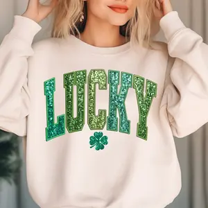 Lucky Faux Sequin St. Patrick's Day Sweatshirt, Varsity Retro Irish Day T-Shirt, Patrick's Day Crewneck, Lucky Shamrock Clothing