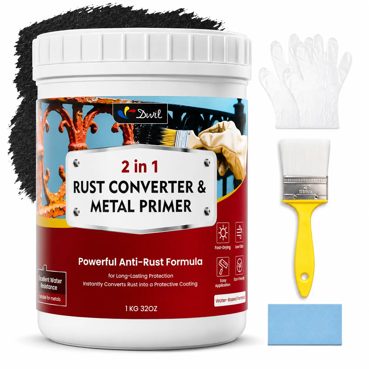 Rust Converter for Metal, 2-in-1 Anti-Rust Primer Paint, Water-Based Rust Inhibitor Coating, No Sanding, Black Finish for Steel, Iron, Fences & Tools
