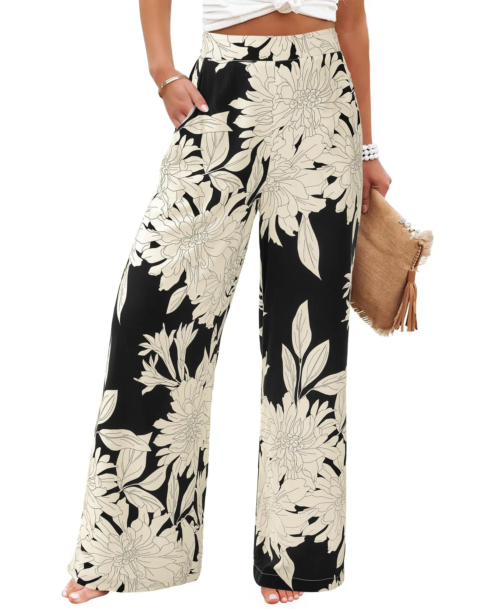 BTFBM Women’s Boho Printed Wide Leg Palazzo Pants 2026 Elastic Waist Casual Trousers with Pockets for Work Beach Vacation