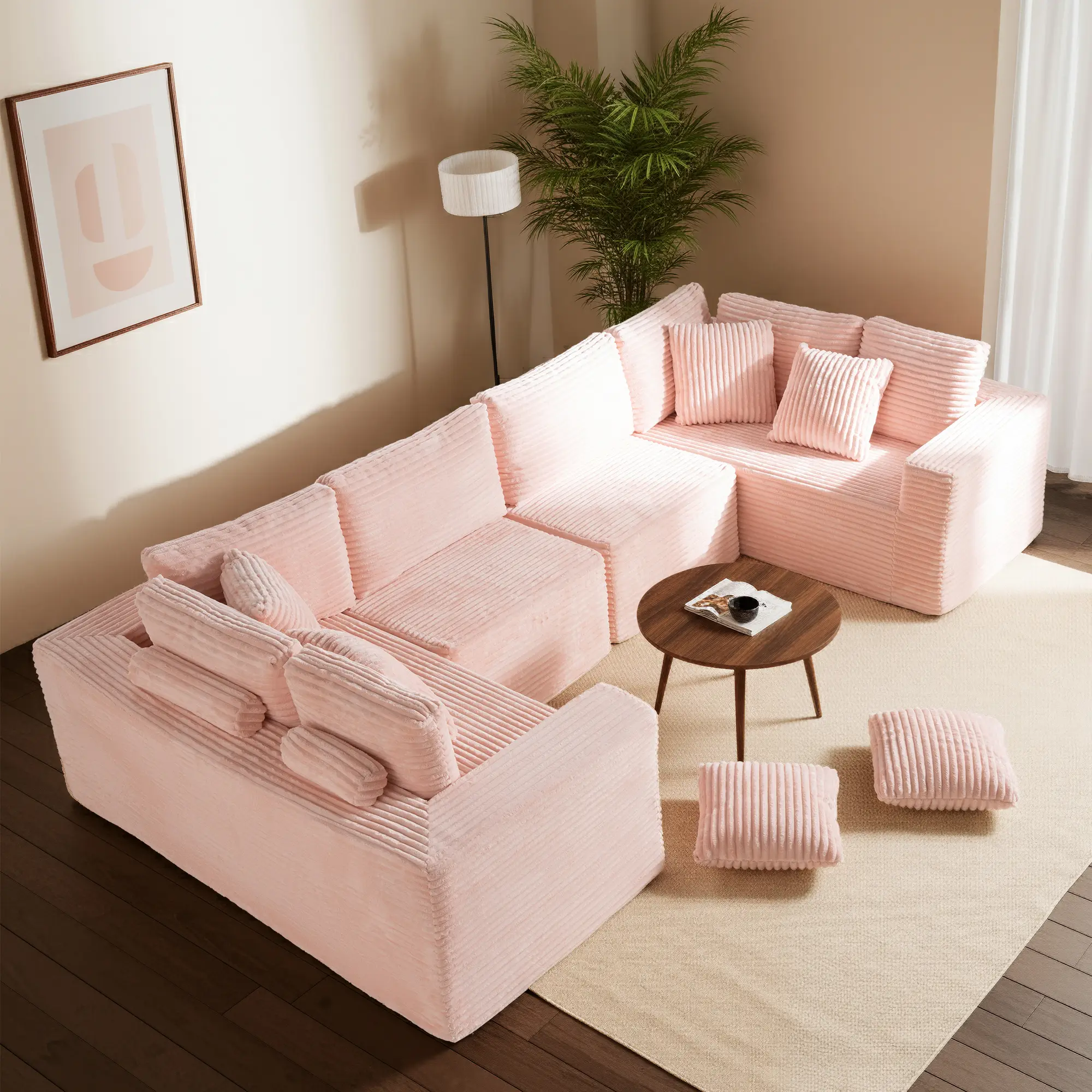 6-Seater Pink Corduroy Modular L-Shaped Sofa (135.43x70.87x24.40in) - Reversible Stripe Chaise, Free Combination, Memory Foam, Fixed Arms, Comfy Couch, Unboxing Easy, Modern Upholstered Living Room Indoor Furniture