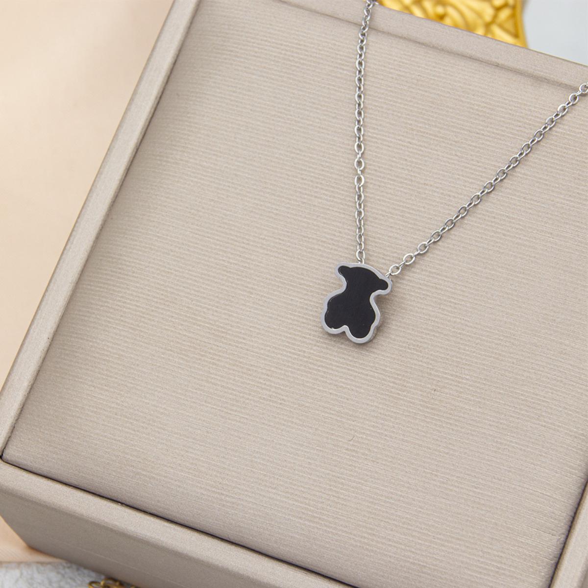 Chic Bear Silhouette Pendant Necklace, Polished Chain with Luminous Inlay, Perfect Gift for Her
