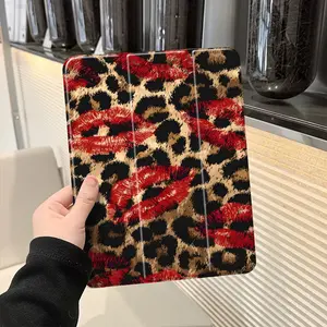 Y2K trendy fashion leopard print lip print themed four-corner airbag anti-drop tablet case, foldable with pen slot,Suitable for iPad Mini, Air, Pro 4,5,6,7(2017,2018,2019,2020,2021,2022,2023,2024,2025 models),and Samsung S6,7,8,9,10FE + A7 LTE tablet case