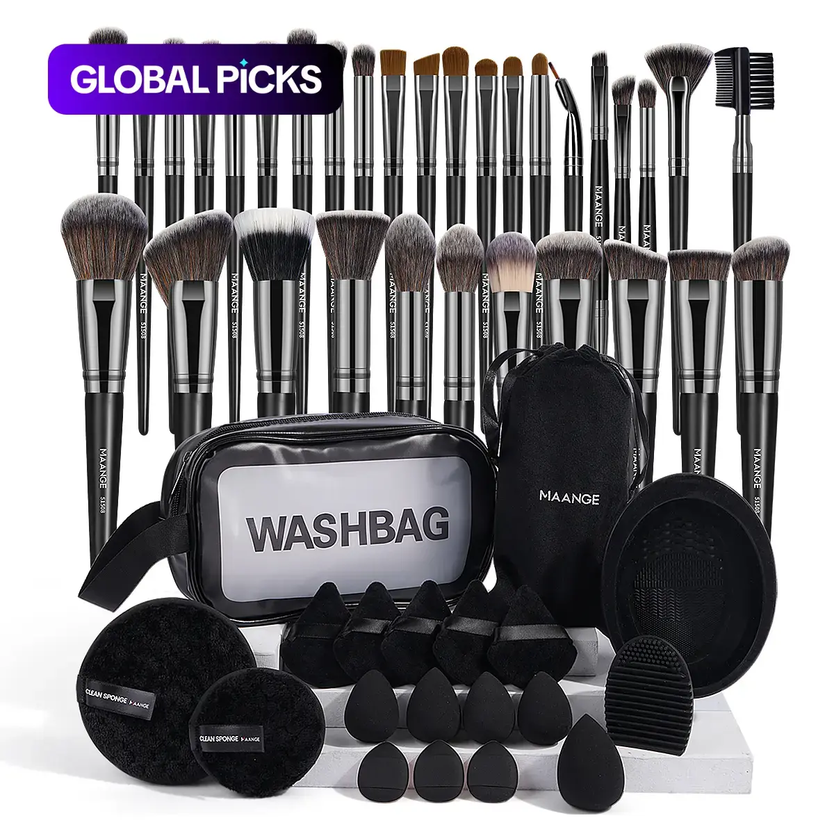 MAANGE Professional Makeup Brush Set, 51-Piece Cosmetic Tools Kit with 32 Brushes, 7 Puffs, 8 Sponges, Brush Cleaner, Storage Bag and Toiletry Bag, Christmas Gift for Girlfriend #GLOBAL PICKS