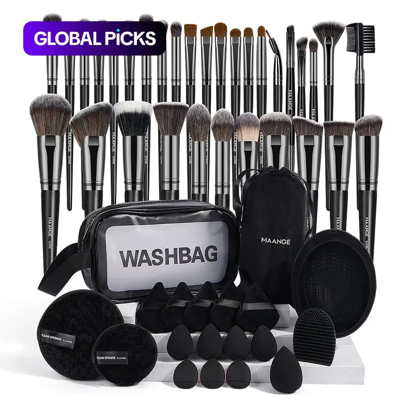 MAANGE Professional Makeup Brush Set, 51pcs/set Cosmetic Tools Kit with Brushes, Puffs, Sponges, Brush Cleaner, Storage Bag and Toiletry Bag, Christmas Gift for Girlfriend #GLOBAL PICKS