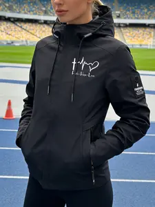 Women's Hooded Windbreaker Jacket Front Cross Heartbeat Love + Faith Hope Love Graphic Slogan Print Windproof Water-Resistant Breathable Ideal for Young Ladies Daily Commute Leisure Outings in Spring Autumn Winter