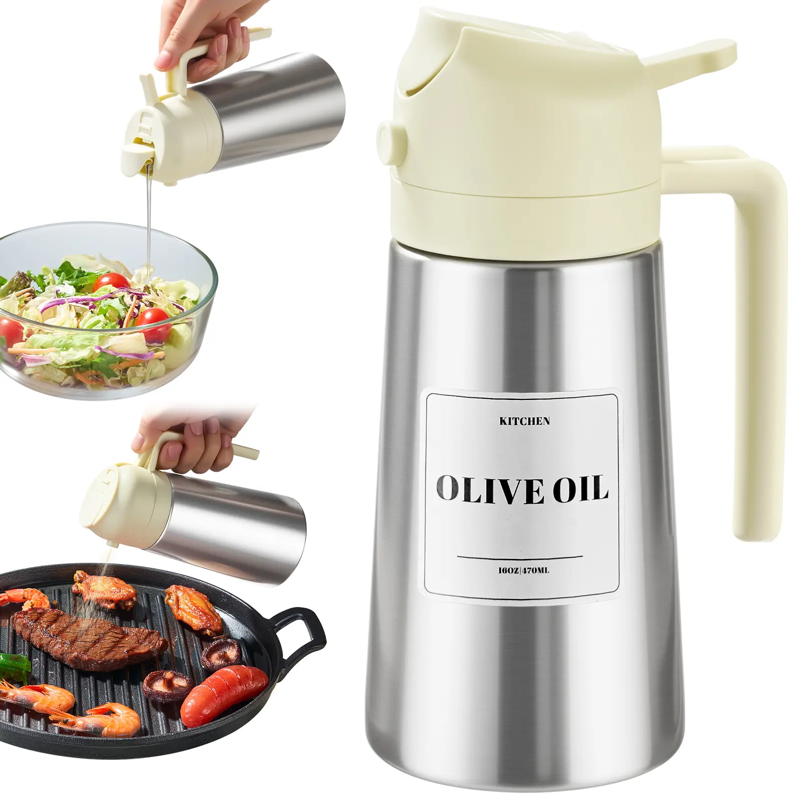 16oz/470ml stainless steel oil spray bottle, spray and pour - Large capacity for kitchen, grilling and outdoor use - Perfect with olive oil, cooking and grilling oils - Cooking oil spray bottle