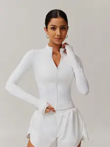 Women's Solid Color Zip Up Thumb Hole Design, Long Sleeve Yoga Jacket Top for Gym Workout, Ladies Sportswear for Indoor Outdoor Wear