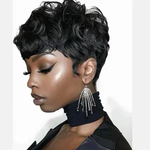 Natural Black Pixie Cut Wig – Short Curly Pixie Wig With Bangs