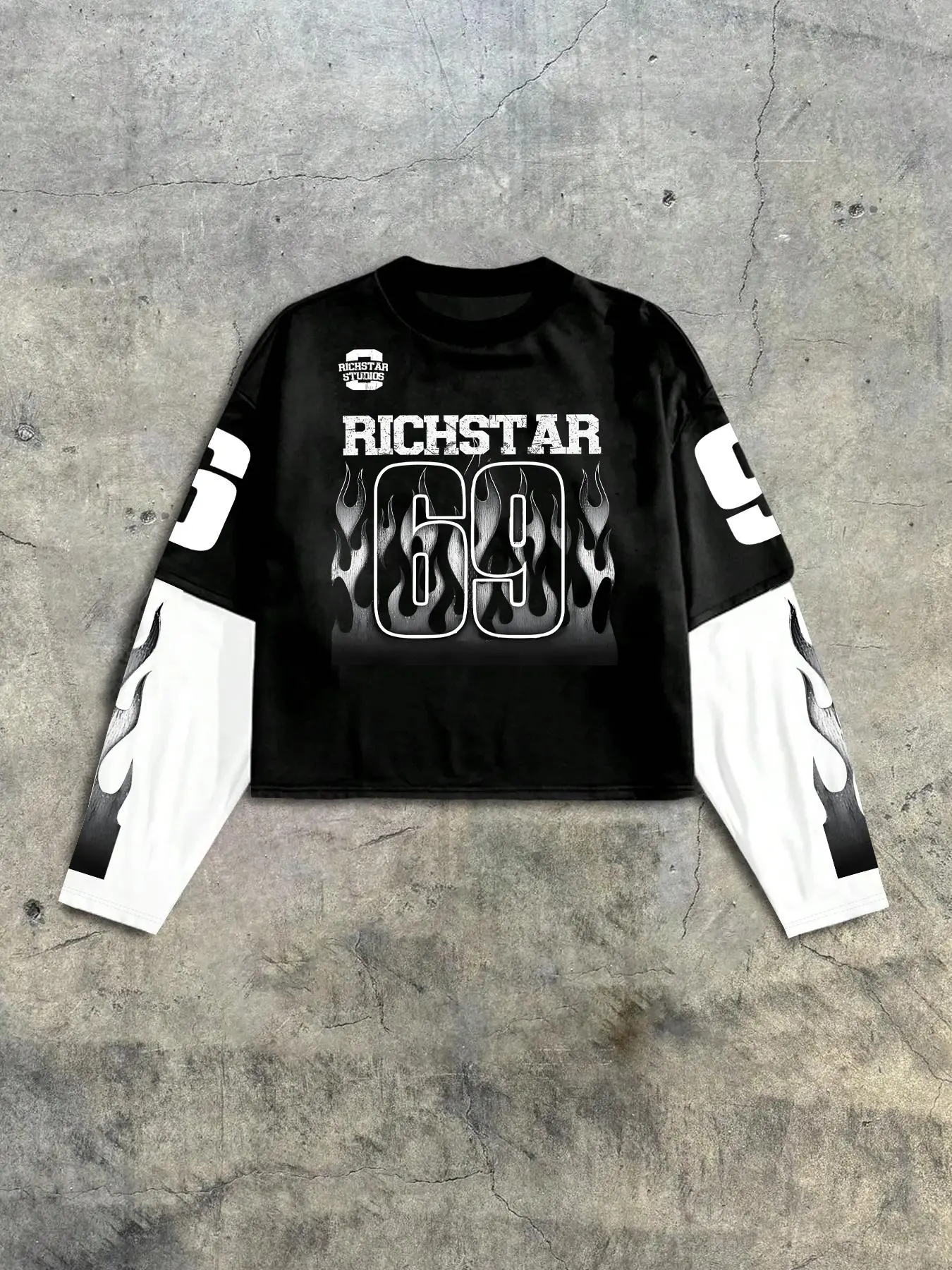 Unisex Men's Richstar Print Long Sleeve Tee, Street Fashion Casual Loose Round Neck T-shirt for Daily Wear, Men's Top for Summer