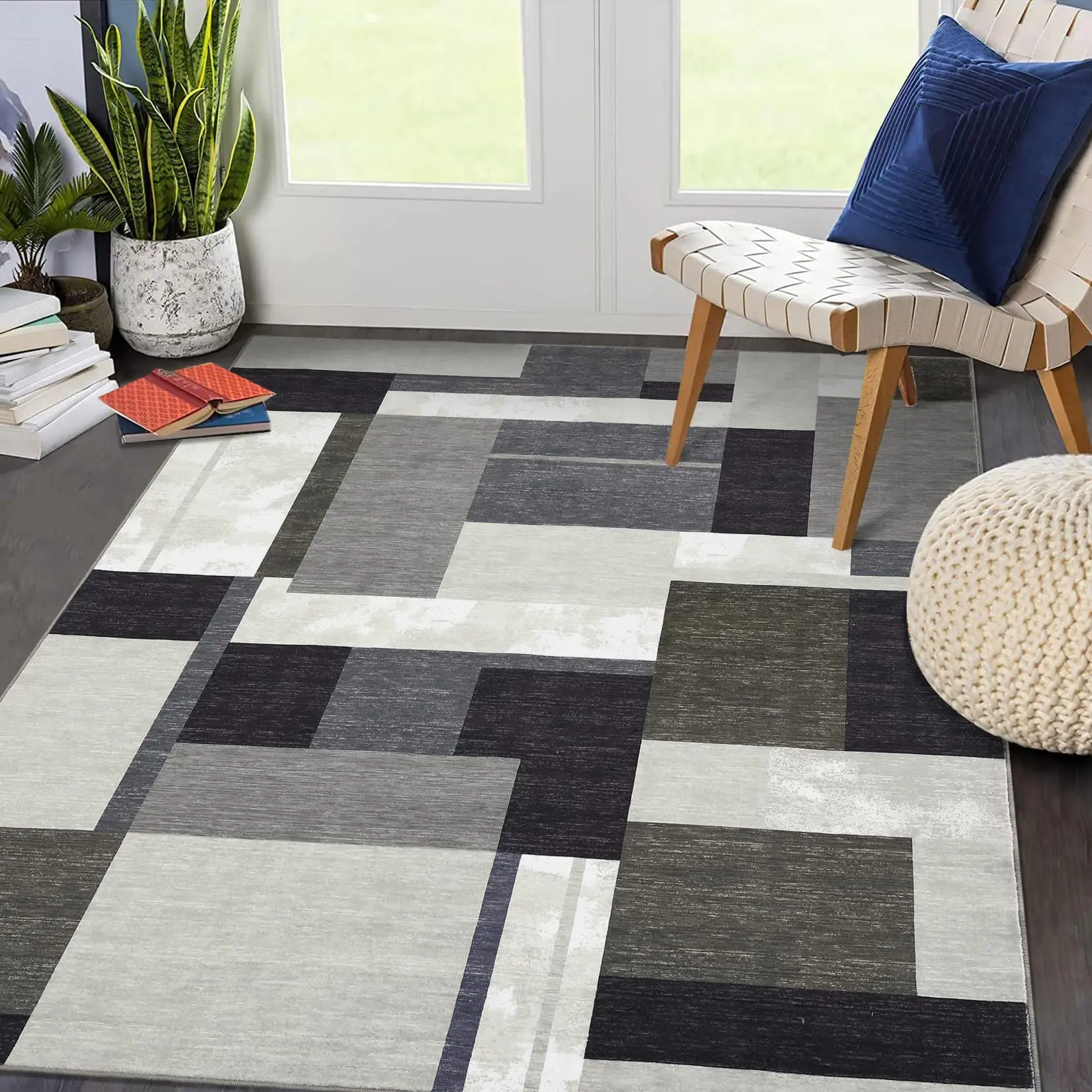 【GARVEE】Area Rug 5x7 Modern Washable Rug Non-Slip Color-Blocked Floor Mat Contemporary Boxes Print Living Room Rug Indoor Soft Low Pile Throw Carpet for Bedroom Home Office Nursery Dorm Brown