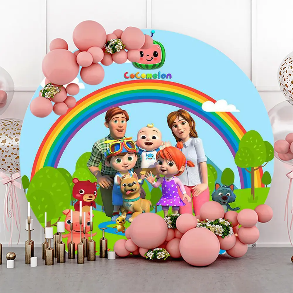 Hobaner 7.2FT Round Sweet Melon Cartoon Birthday Banner, Colorful Rainbow Kids Party Decorations Banners, Cute Backdrop for Boys