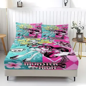 Monster High School Bed Sheet 3-Piece Set (Including 1 Bedsheet And 2 Pillowcases), Made Of Soft And Durable Material, With Anti Slip And Dust-Proof Covers Suitable For Decorating Bedrooms For Boys, Girls, Teenagers, And Adults