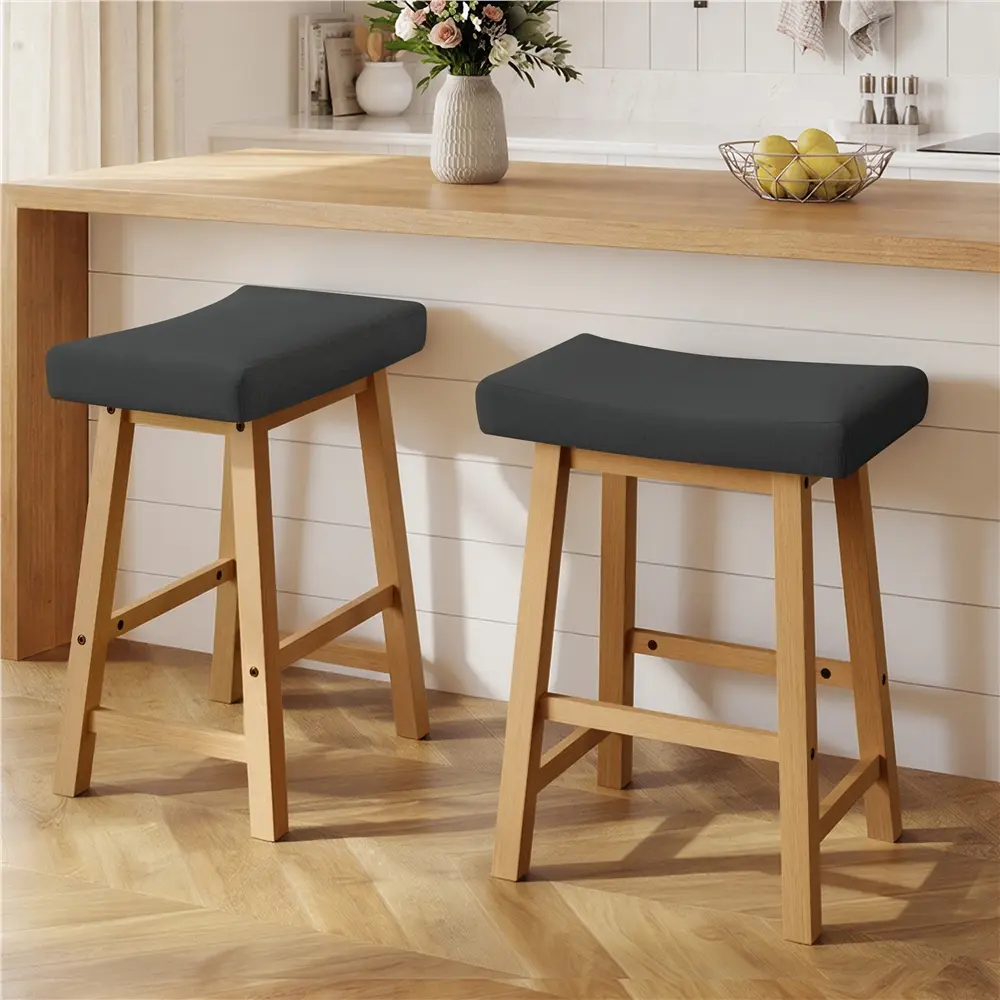 Costoffs Modern Farmhouse Armless Saddle Barstools Set, 18" Tall Counter-Height, Linen Fabric Cloud Seat, Solid Wood Legs, 300 lb Capacity, Indoor Furniture Chairs for Kitchen Island, Vanity