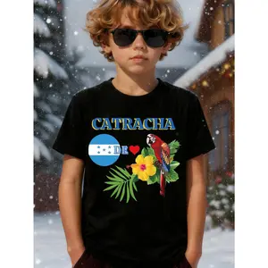 The colorful pattern of Honduran parrots and floral patterns on boys' and girls' T-shirts,made of soft cotton blend fabric,featuring a casual round - neck short - sleeved summer top,with vibrant parrot and flower designs,cute clothes,kids stuff,teen girl