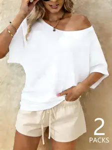 Women Asymmetrical Off Shoulder Loose Short Sleeve & Drawstring Shorts Two Piece Set (2 Packs), Top, Casual Loungewear Style, Soft Breathable Fabric, Perfect for Home Relaxation, Daily Outings & Vacation Looks