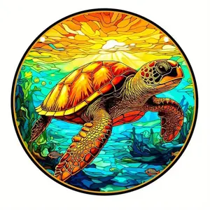 Stained glass acrylic sea turtle suncatcher, sunrise over water design.