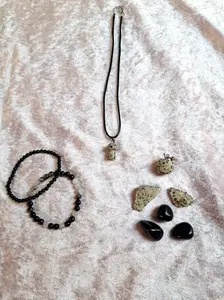 Grounding & Balance 9-Pc Energy Set - Dalmatian Jasper Obsidian Black Tourmaline Quartz Crystals Gemstones Necklace Bracelets Tumbles NaturalSet
