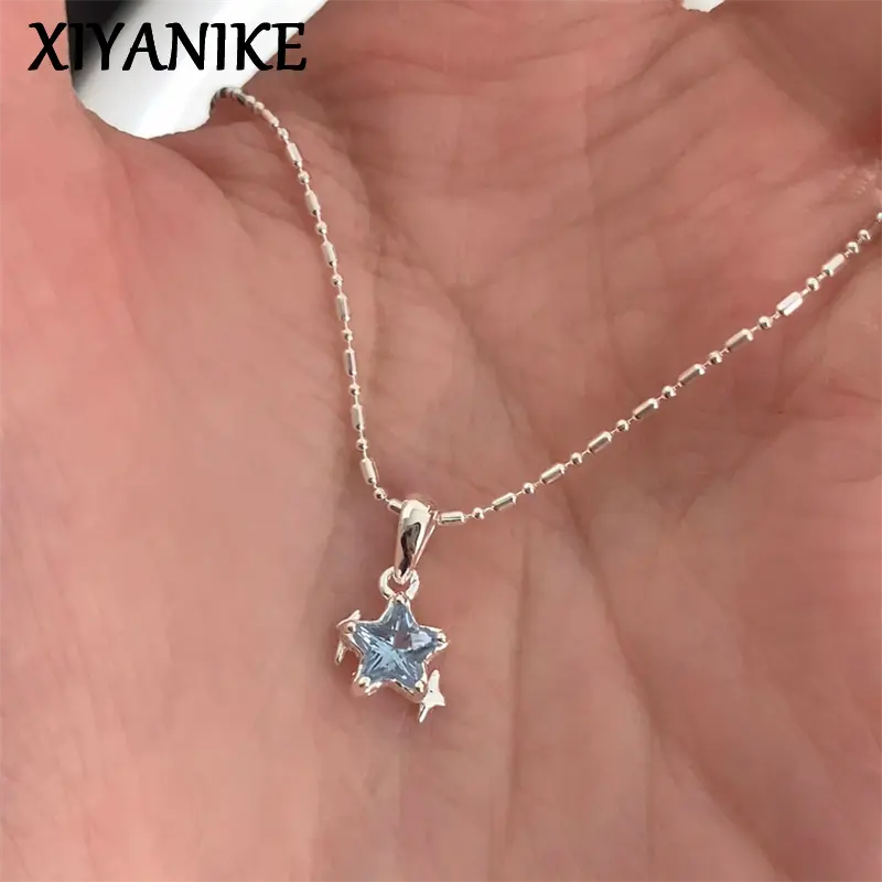 Blue Zircon Star Necklaces For Women Girl Korean Fashion Clavicle Chain New Year Jewelry Gift Party Birthday