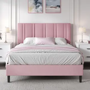 Upholstered Bed Frame With Headboard, Linen Fabric Platform Bed Frame With Tufted Headboard, No Box Spring Required, Easy Assembly, Pink/ White/ Black/ Blue, Twin/ Full/ Queen