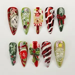 Luxury Christmas Party Press On Nails | Reindeer Candy Cane Gold Clock Stiletto Set | 3D Holiday Bow Aurora Custom Nails