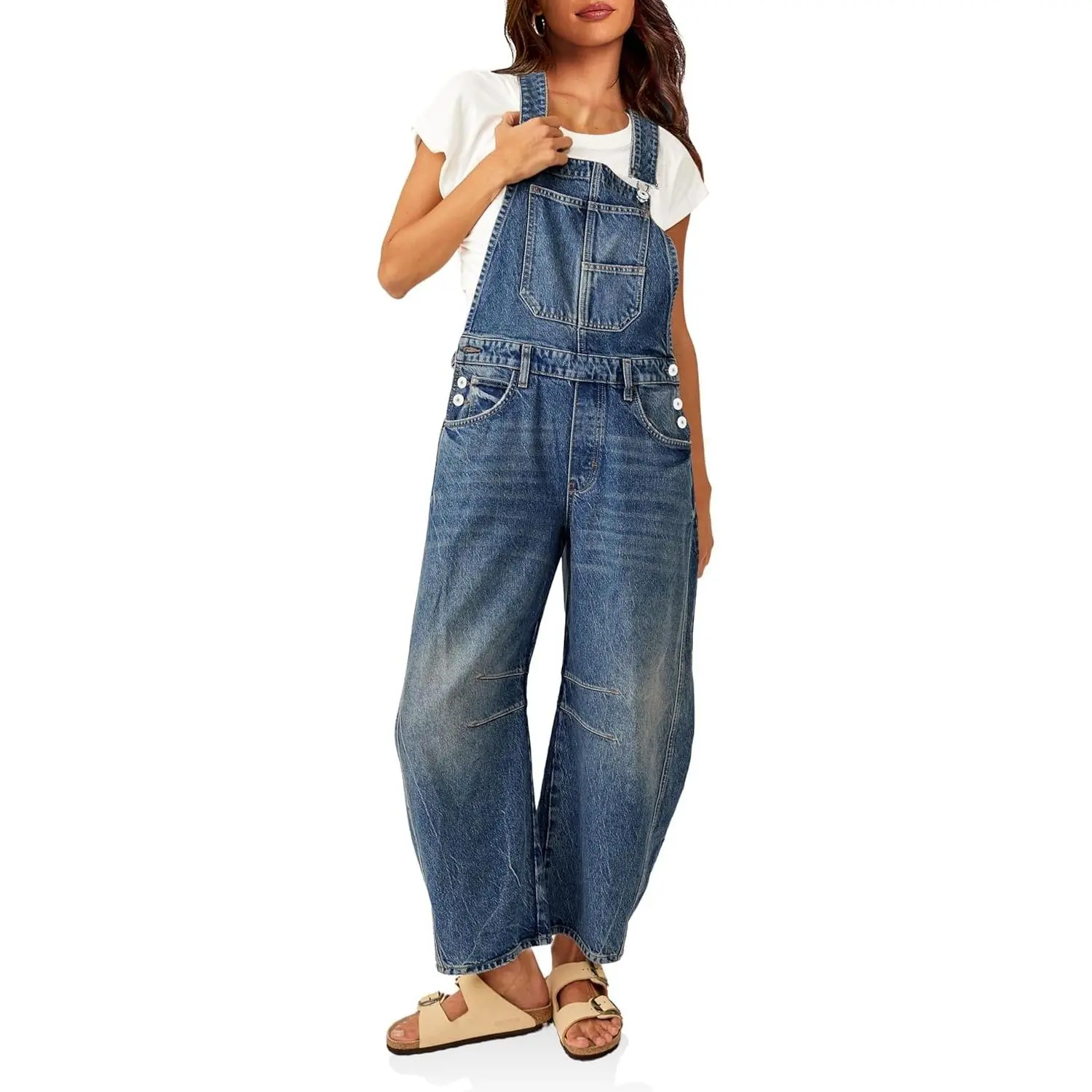Womens Denim Bib Overalls Barrel Leg Adjustable Strap Jean Jumpsuit | 90s Outfits,Baggy Jumpers,Loose Overalls with Pockets