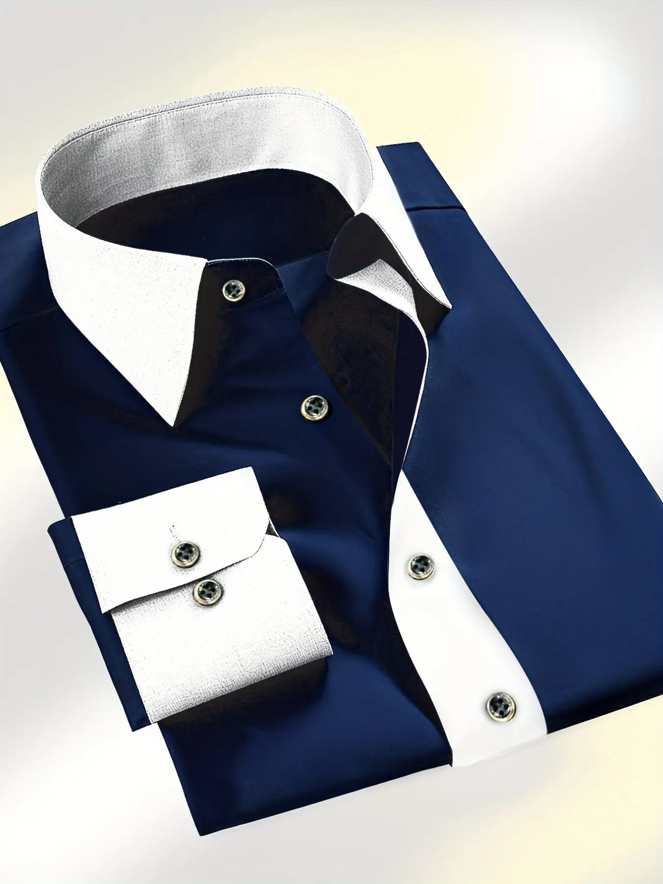 Confidence-Boosting Stretchy Contrast Color Navy Blue Shirt | Men's Daily Office Wear Eye-Catching Slim Fit Long Sleeve Button Front Shirts, Premium Versatile Business, Casual Button Collared Fitted Shirt, Menswear, Button Front Design