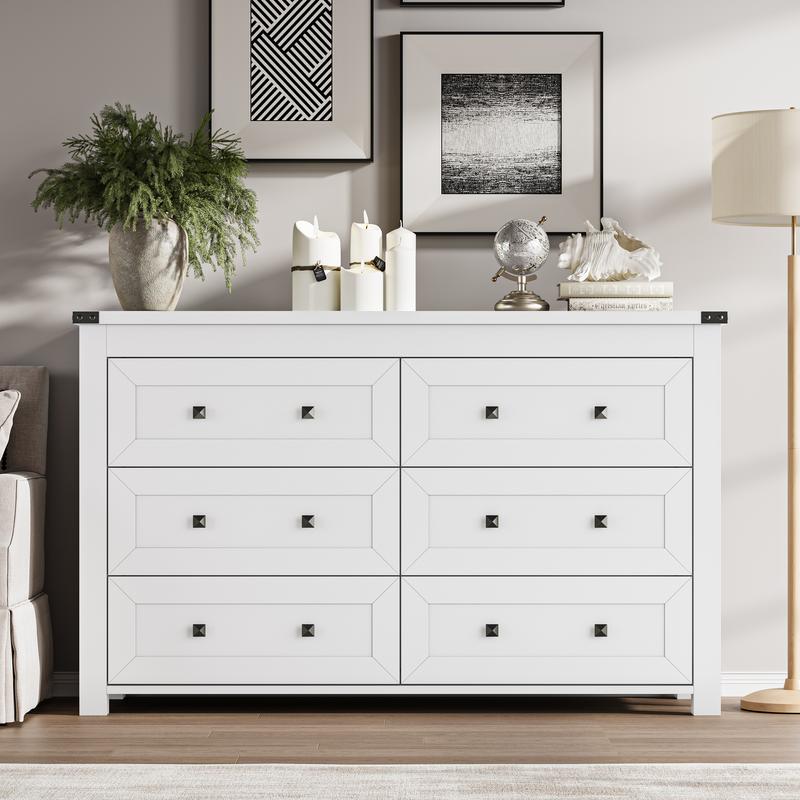 White Dresser 6 Drawer Dresser for Bedroom, Modern Wood Chest of Drawers with Metal Handles, TV Stand and Storage Cabinet for Living Room, Hallway, Nursery, Closet