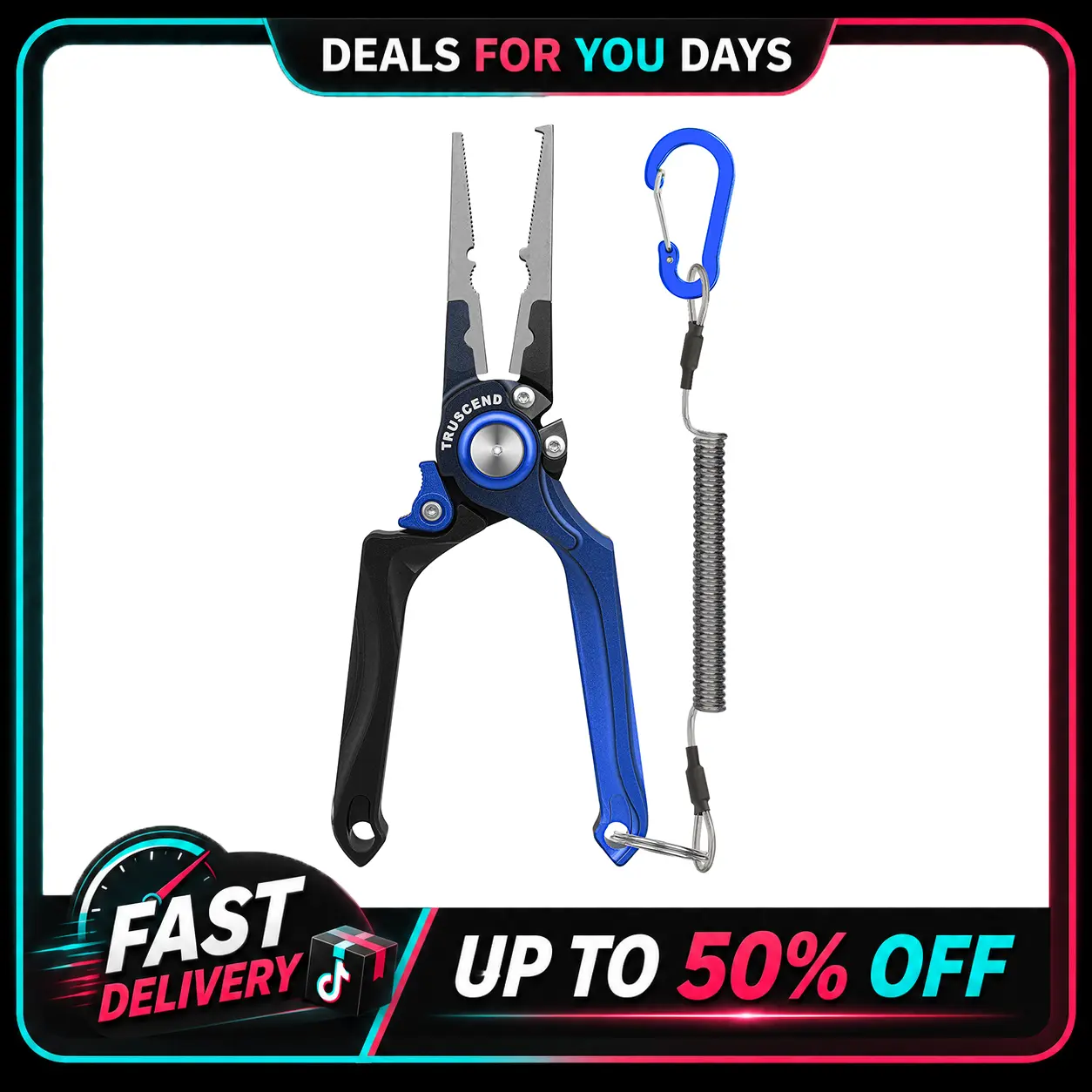 TRUSCEND Easy Use Lockable Fishing Pliers with Tungsten Carbide Cutter, Innovative Ergonomic Handy Handle, Saltwater Corrosion Resistant Teflon Coated Fishing Tool, Light Multi-Function Fishing Gear