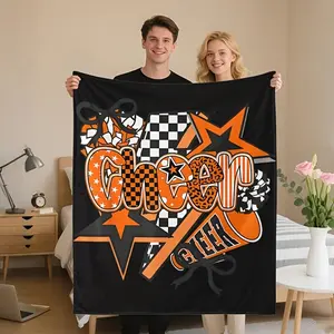 1pc Oversized 50"x60" for cheerleader-Themed Flannel Blanket | Soft Lightweight All-Season Throw with for cheer Squad Logos, Pom-Poms & Megaphone Design - Black & Golden Game Day Decor for Cheer Mom, Bed, Sofa, Travel - for cheer Gift.