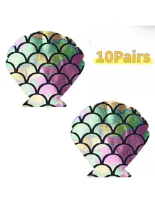 10 pairs of breast pads, one-time use mermaid-shaped breast stickers with laser patterns, covering for beach vacation, matte finish, mature female pie-style mermaid look for pool bikini parties
