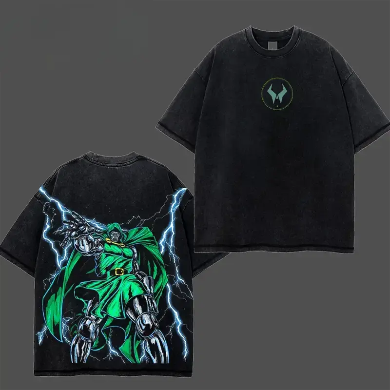 Vintage Doctor Doom Double Sided Washed T Shirt Front Chest Doom Mask Symbol Back Lightning Doctor Doom Green Cloak Graphic Oversized Unisex Villain Comic Short Sleeve Streetwear Tee