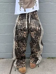 Men's Casual Sporty Long Pants, Athleisure Style Bottoms, Letter Pattern Print, Adjustable Side Striped Cuffs, Drawstring Wide Leg Leopard Print, All Seasons Wear