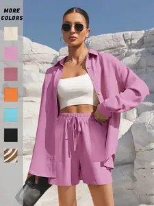 Two-Piece Set Women's Solid Color Shirt & Shorts, Casual Long Sleeve Top & Tie Waist Shorts for Daily Wear, Ladies Two-piece for All Seasons