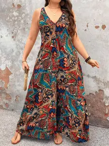 【Plus Size】 All Over Print V Neck Jumpsuit, Bohemian Boho Casual Sleeveless Jumpsuit for Summer, Women's Clothes for Daily Wear, Womenswear