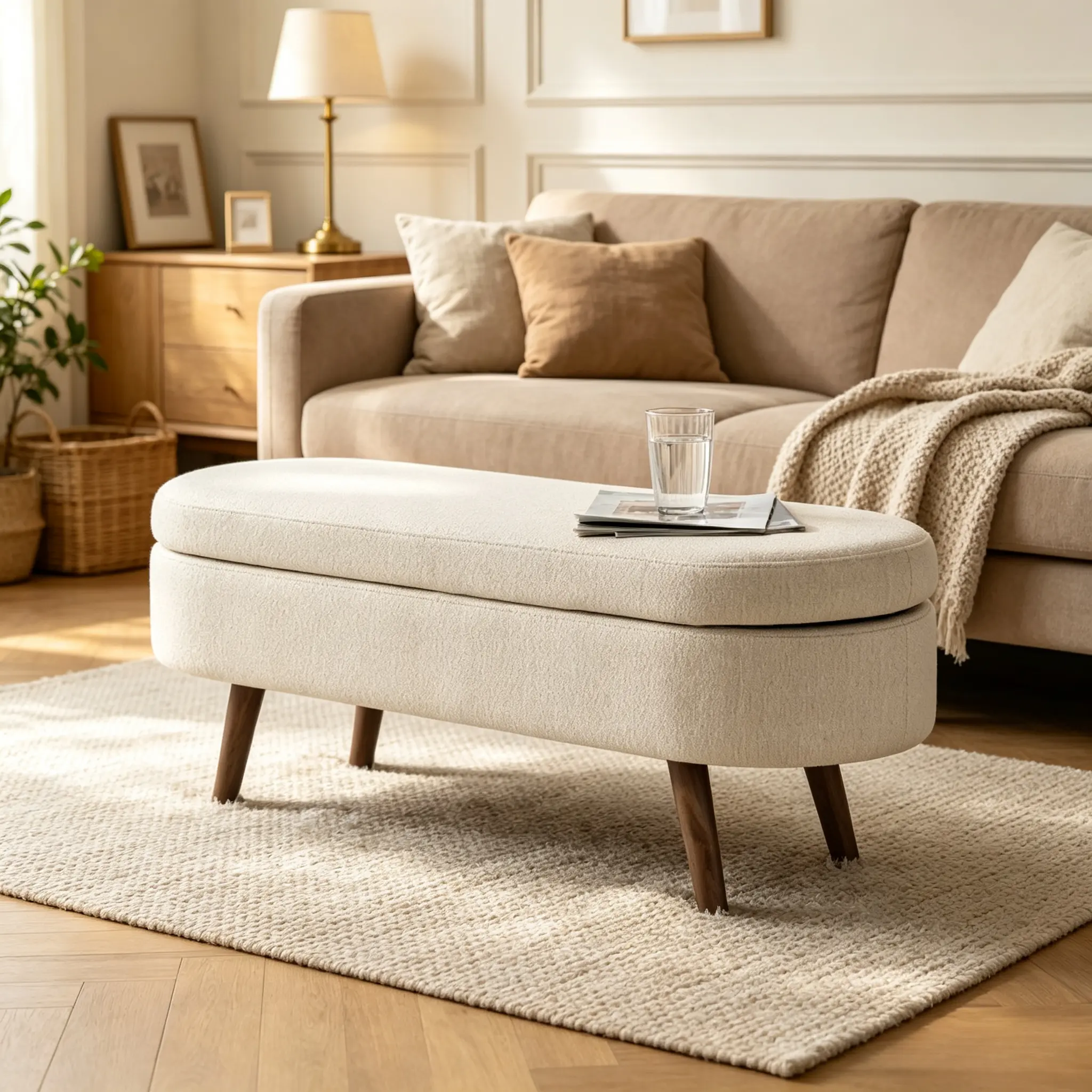 Oval Storage Bench with Rubber Wood Legs, Upholstered Ottoman Bench with Storage, Bedroom End of Bed Bench, 3 Colors Available (Beige / Grey / Off White)