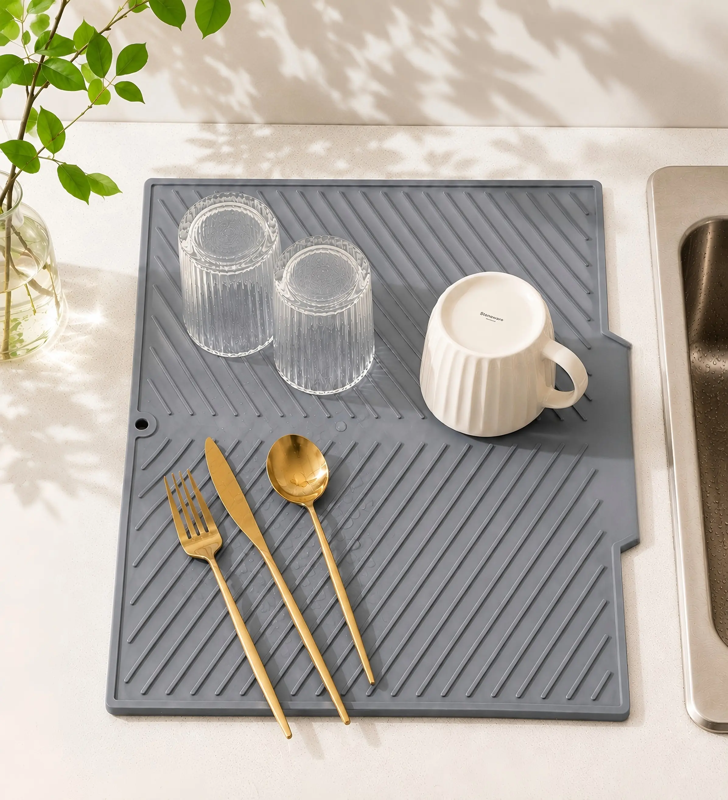 Modern Silicone Tableware Dish Drying Mat - BPA-Free, Heat-Resistant, Non-Slip Drain Pad with Built-In Drain, Quick-Dry, Dishwasher-Safe, Compact & Convenient Roll-Up Kitchen Counter Mat, Grey, 16.54"x9.84"