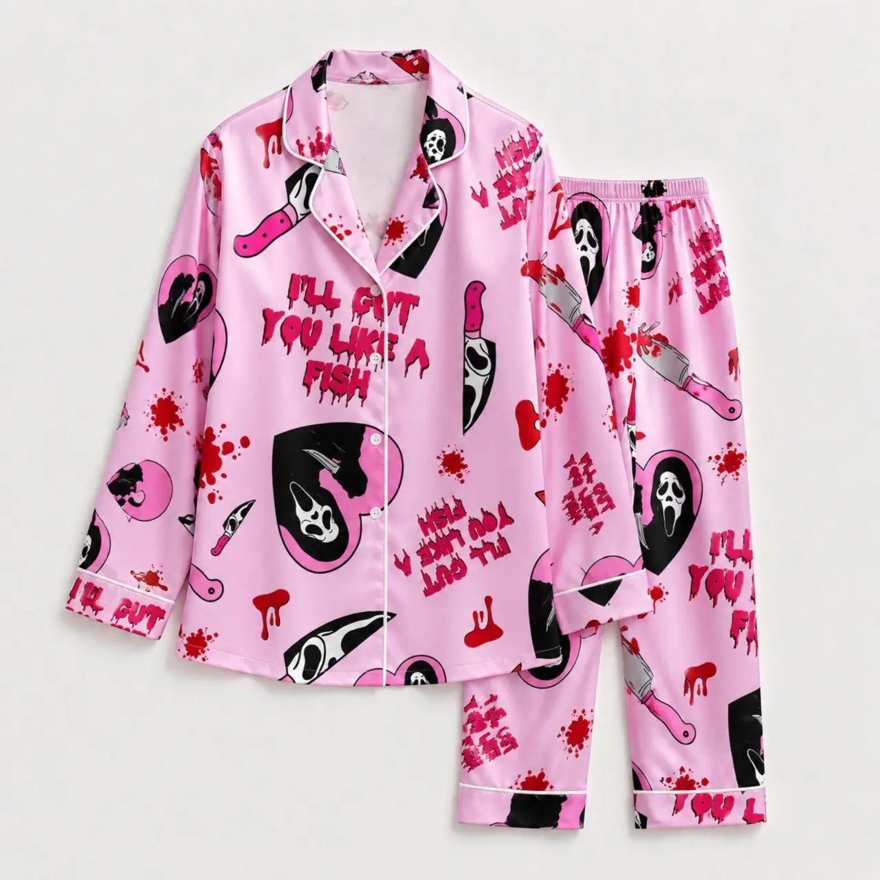 Ghostface Pink Satin Pajama Set for Women, Horror Movie Sleepwear, Cute Spooky Button Down Pajamas, Halloween