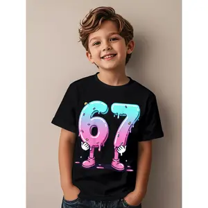 Kids Boys & Girls 67 Ice Cream Drip Meme T-Shirt - Soft Breathable Short Sleeve Tee with Six Seven Number 67 Meme Design, Easy-Care Parent-Favorite Casual Birthday Party Outfit for Gen Alpha, Year-Round Play Clothes