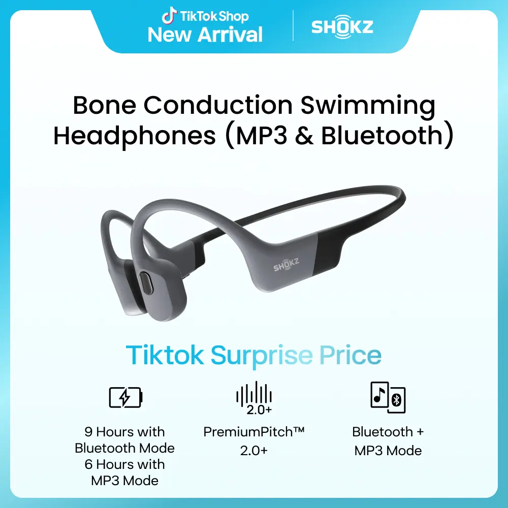 SHOKZ OpenSwim Pro Open-Ear Bone Conduction Bluetooth Headphones - 32GB MP3 Player, IP68 Waterproof, Sweatproof Wireless Earphones, Low Profile Connectivity Wireless Headphones for Swimming, Workouts