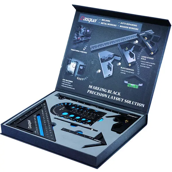 Dasqua 5-Piece Marking & Layout Hand Tool Kit - Aluminum Multi-Tool with Laser Engravings, Engraving Pen, Rafter Square, Combination Square, 2.5" (32nds), 300mm/12" Thick Edge Safe Saw Guide for Precision Work (Inches/Cm Measurements)