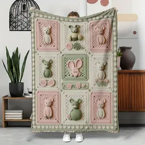 Flannel Blanket with Adorable Crochet Bear and Rabbit - Soft and Cozy for All Seasons with Designs in Pastel Pink and Green, Machine Washable for Bed, Sofa, for Nursery Decoration, Cozy Home Accessory, Fun Design, Plush Texture