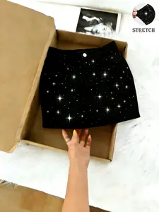 Women's Rhinestone Elastic Bodycon Skirt Summer Denim Short Skirt, Fashion Casual Comfort Design, Urban Mature Style, Perfect for Daily Dates
