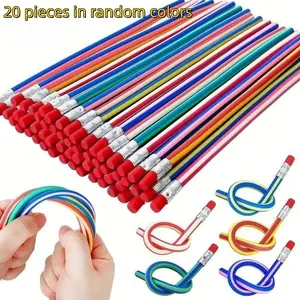 20 Flexible Pencils with Erasers in Random Colors, Soft and Colorful Striped Design for Students, Perfect Back to School Gift for Boys & Girls, Stationery