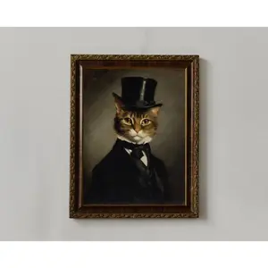 Gentleman Cat Art Poster Playful Animal Fashion Art Humorous Art Victorian Style Wall Decor Vintage Cat Painting Whimsical Animal Decor for Living Room Bedroom Office Home Decoration