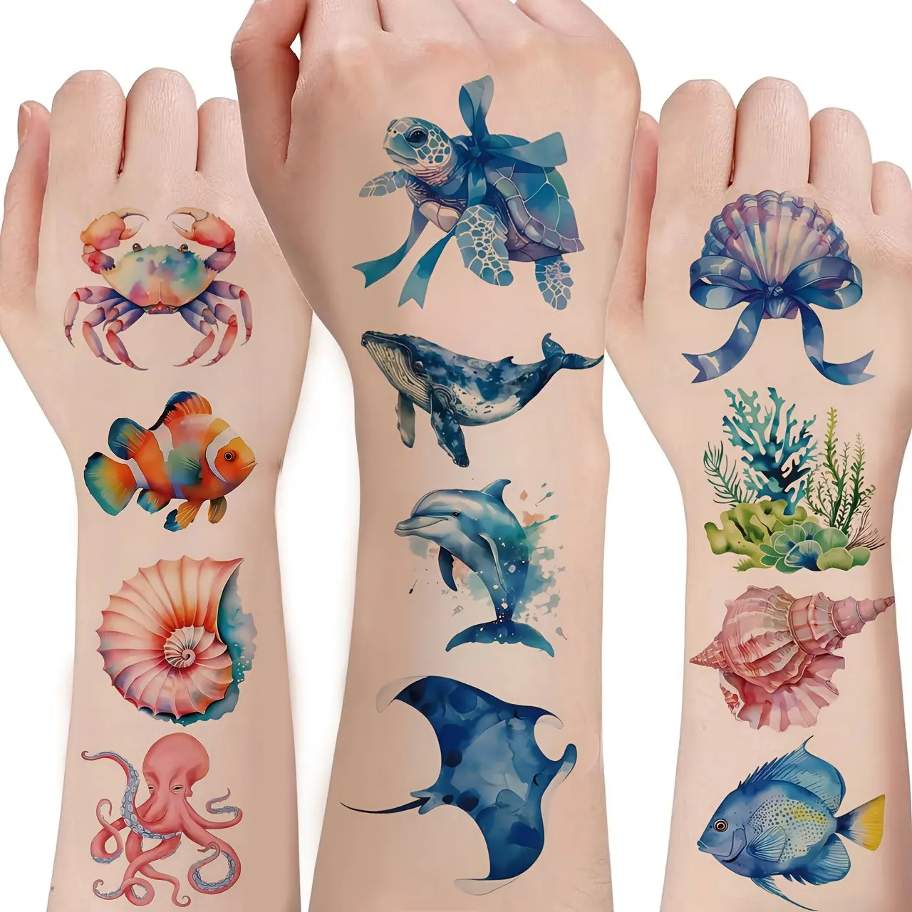 30 Pcs Ocean Theme Temporary Tattoo Stickers, Sea Turtle Starfish Shark Whale Patterns, Holiday Birthday Gift, Body Art Decorations