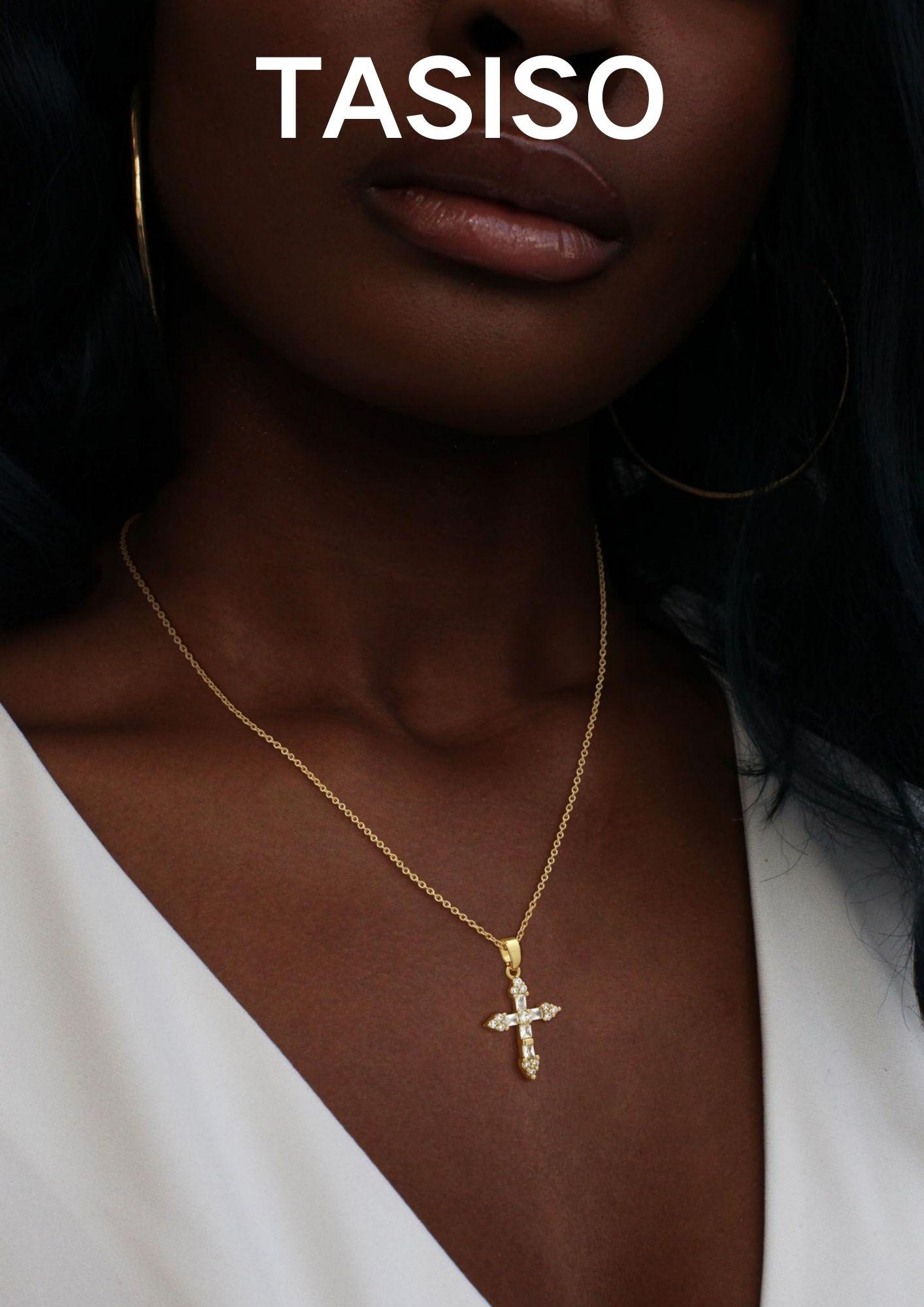 Tasiso 14K Gold-Plated CZ Cross Necklace - Faith & Elegance - Dainty Gold Chain & Sparkling Cubic Zirconia Stones - Perfect for Everyday Wear & Special Occasions
